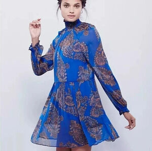 Free People Moonstruck mini dress S blue Paisley Sheer Mini W Slip Long Sleeve‎